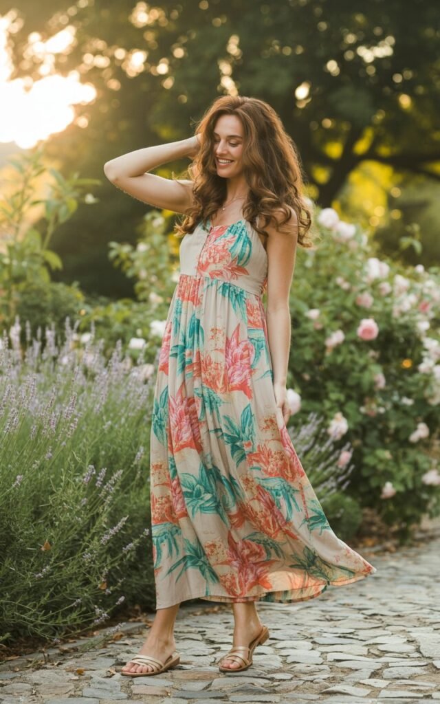 Full-body photo of a white-skinned woman with long wavy brown hair, standing in a sunlit garden path during golden hour. She wears a flowing cotton maxi dress with bold floral prints and soft sandals. The fabric moves gently in the breeze. She smiles softly, one hand brushing her hair, bathed in warm natural light.