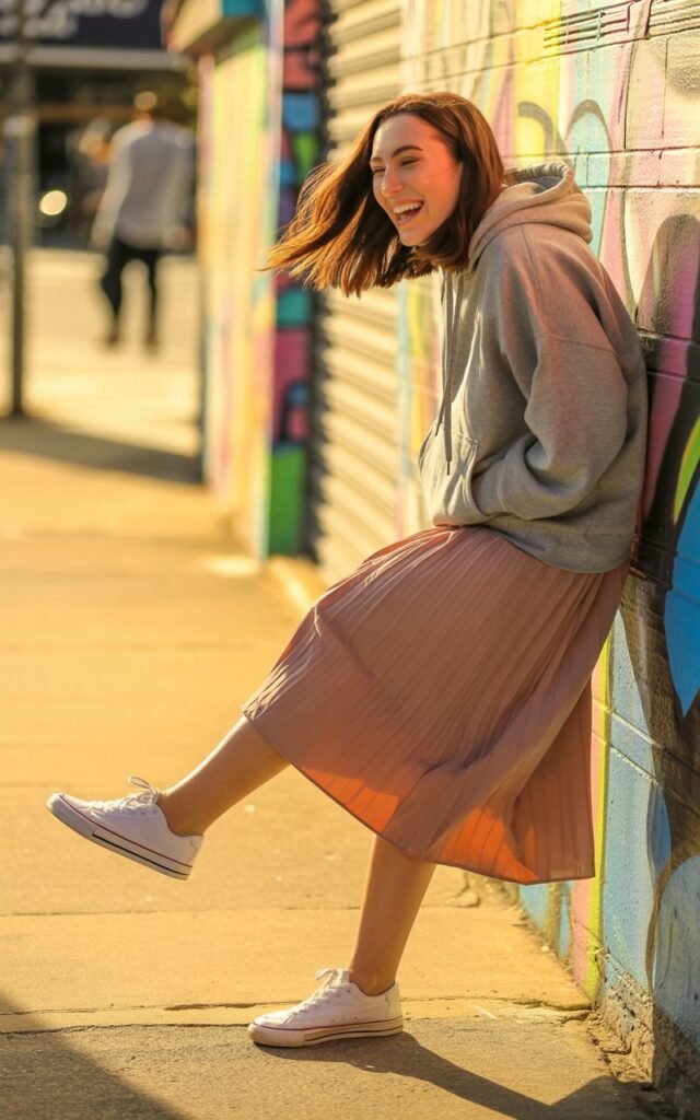 Full-body photo of a white-skinned woman with medium-length brown hair, leaning against an urban mural. She wears a soft gray hoodie tucked slightly into a flowing blush pleated skirt and white sneakers. Golden afternoon light adds warmth as she laughs candidly, one foot lifted playfully.
