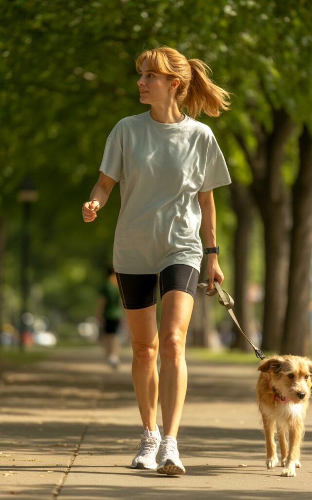 Full-body photo of a white-skinned woman with shoulder-length golden hair, walking a dog in a sunny park. She wears a light gray oversized tee, black bike shorts, and running shoes. A sporty watch and ponytail complete the casual vibe. Natural daylight highlights her effortless confidence.