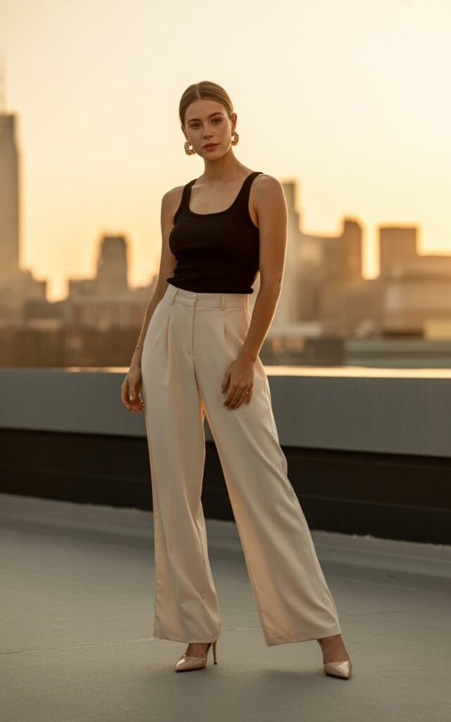 Full-body photo of a white-skinned woman with straight light brown hair, standing confidently on an urban rooftop. She wears cream wide-leg trousers, a fitted black tank, and nude heels. Gold hoop earrings and sleek hair elevate the look. Soft sunset lighting adds warmth and sophistication.