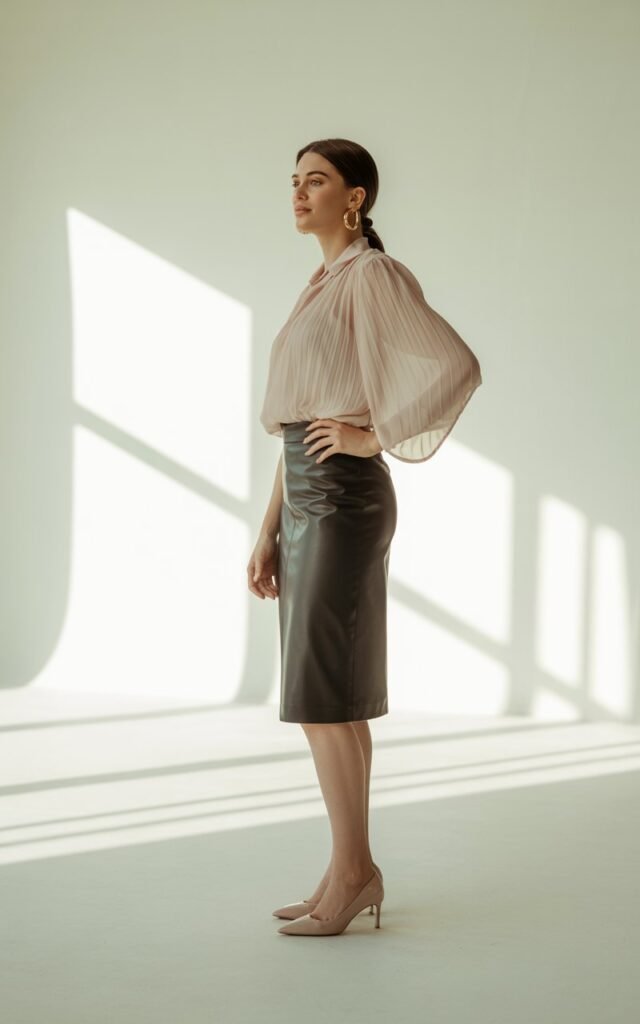 Full-body photo of a woman in a pale pink chiffon blouse tucked into a black leather pencil skirt. Studio setting with natural daylight. She wears classic pumps and minimalist gold hoops. She’s standing sideways, one hand on hip, expression calm and empowered.