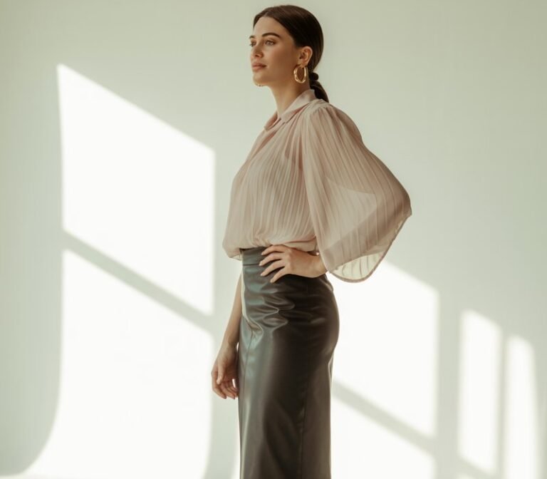 Full-body photo of a woman in a pale pink chiffon blouse tucked into a black leather pencil skirt. Studio setting with natural daylight. She wears classic pumps and minimalist gold hoops. She’s standing sideways, one hand on hip, expression calm and empowered.
