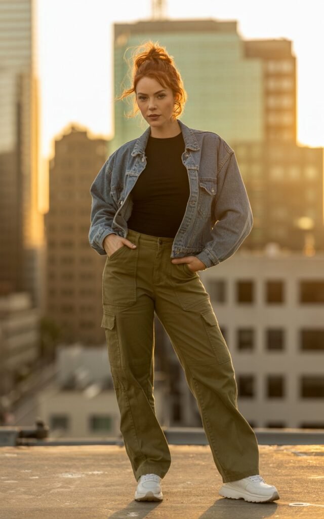 Full-body photo on a city rooftop during golden hour. The model wears a faded denim jacket, fitted black tee, khaki cargo pants, and chunky sneakers. Hair is in a messy bun with wisps blowing in the wind. She stands strong and confident, hands in pockets, looking directly at the camera.