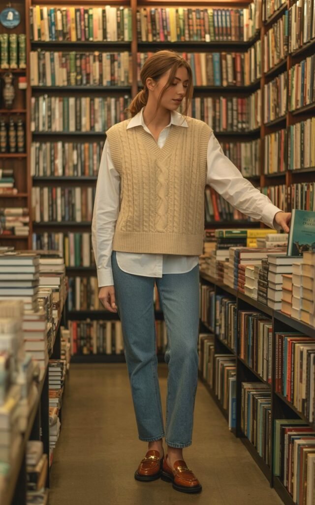 Full-body photography in a cozy bookstore. She wears a beige sweater vest layered over a white oxford shirt, straight blue jeans, and loafers. Hair is in a low ponytail with wispy flyaways. Soft indoor lighting with warm tones. She stands while browsing books, expression thoughtful.