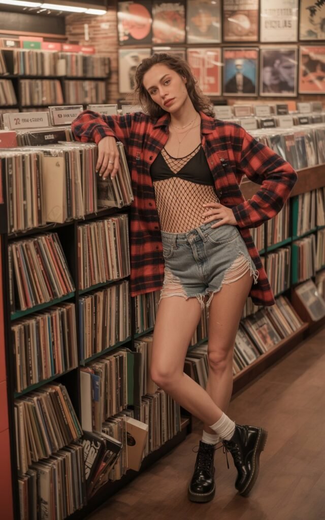 Full-body portrait at an indie record store. Model wears an open plaid flannel shirt over a black fishnet bodysuit, denim shorts, and Doc Martens. Soft indoor lighting with warm tones. Pose leaning against a vinyl rack, casual expression, subtle smirk, authentic urban feel.