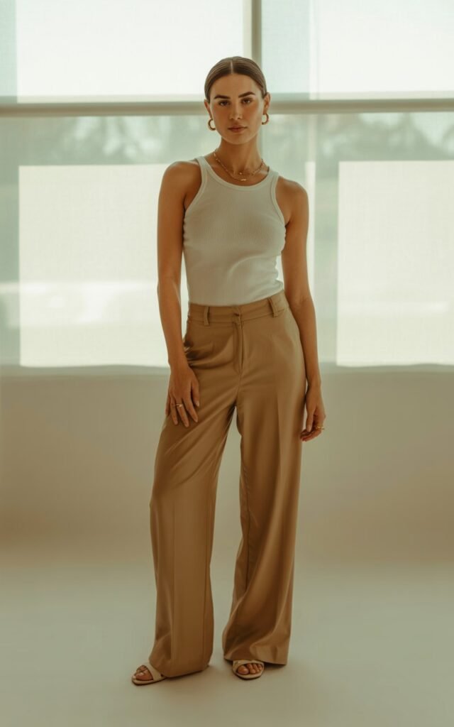 Full-body portrait in a modern indoor studio with soft window light. The model wears a fitted ribbed white tank, high-waisted tan wide-leg trousers, minimalist sandals, and delicate gold jewelry. Her hair is sleek and straight, tucked behind her ears. Lighting is soft and diffused. She stands tall with a clean, confident pose, hands at her sides.