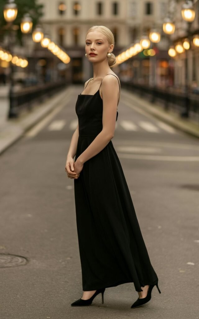 Full-body portrait of a fair-skinned model in a classic black gown with clean lines, paired with minimal jewelry and black heels. She stands on a quiet evening street lit by soft golden streetlamps. Her hair is styled in a polished bun. She stands gracefully with a calm expression. Realistic lighting, natural shadows, and authentic skin texture complete the scene.