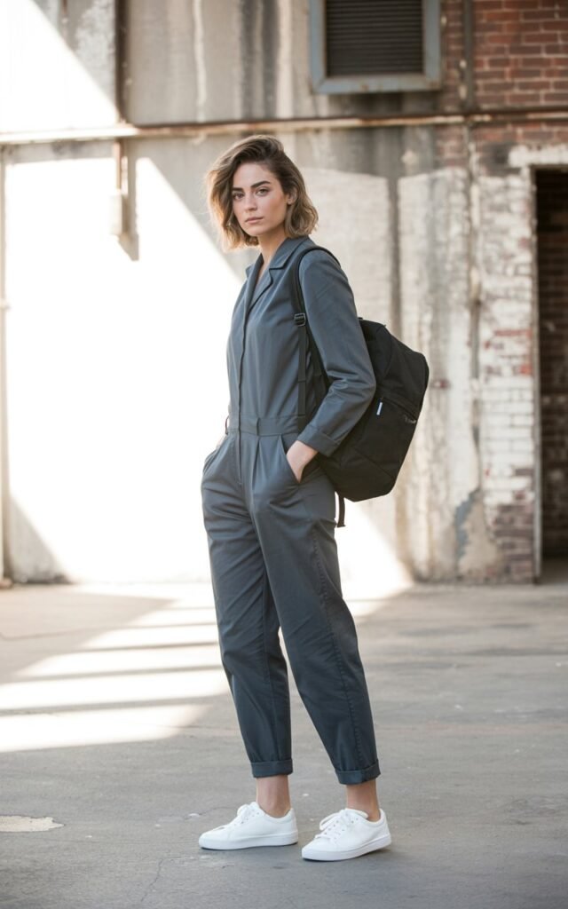 Full-body portrait on a warehouse-style urban backdrop. She wears a slate-gray cotton jumpsuit with a defined waist, white minimalist sneakers, and a simple backpack. Hair is shoulder-length and tousled. Harsh directional daylight for a bold, editorial feel. She stands with hands in pockets, looking effortlessly cool.