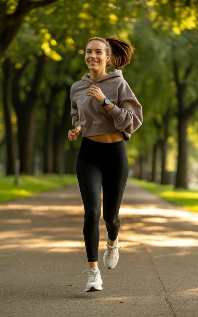 Full-body pose of a white-skinned woman jogging lightly on a park pathway. She wears black leggings, a gray cropped hoodie, chunky sneakers, and a sporty watch. Her hair is in a high ponytail swinging naturally. Bright daylight filtering through trees. Her expression is energetic and cheerful.