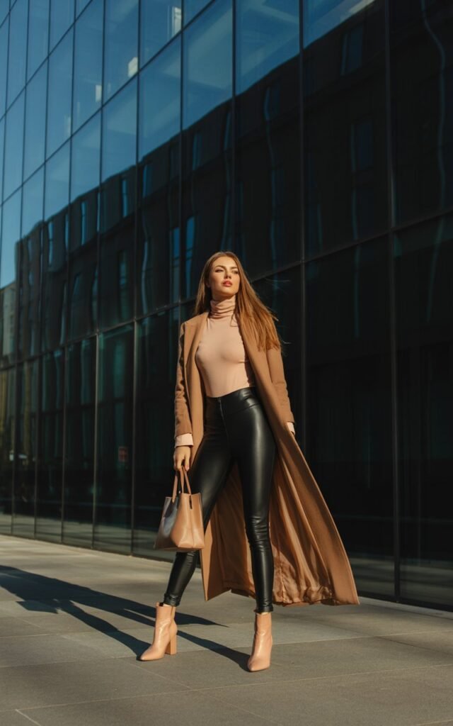 Full-body pose outside a modern glass building. She wears black leggings, a camel longline coat, a beige turtleneck, ankle boots, and a structured tote. Hair is straight and glossy. Dramatic natural daylight with long shadows. She stands tall, looking elegant and city-chic.