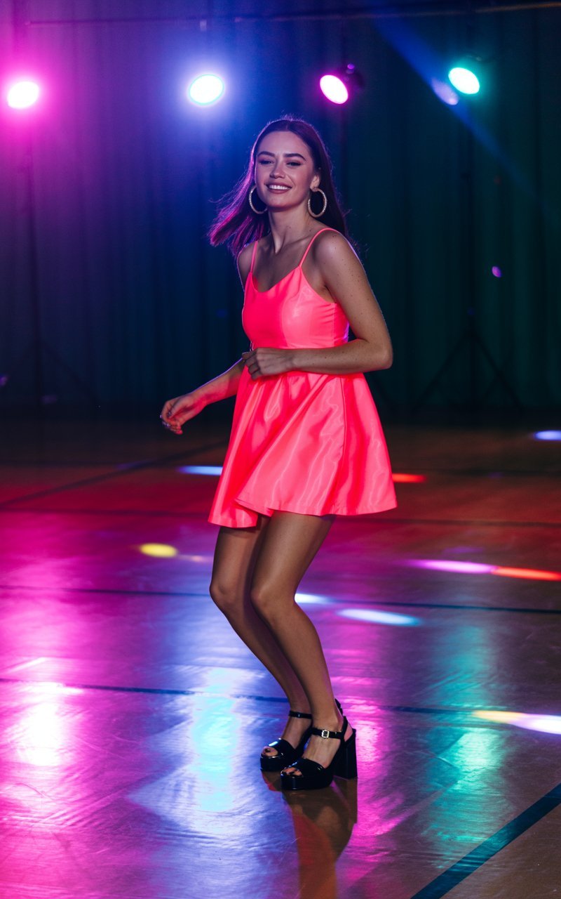 Full-body realistic image of a white-skinned girl in a hot-pink neon mini dress, hoop earrings, and platform heels. She’s on the colorful dance floor of the school gym, with LED lights reflecting off the shiny floor. Vibrant event lighting makes the neon glow as she moves naturally. Shot candidly with natural skin texture.