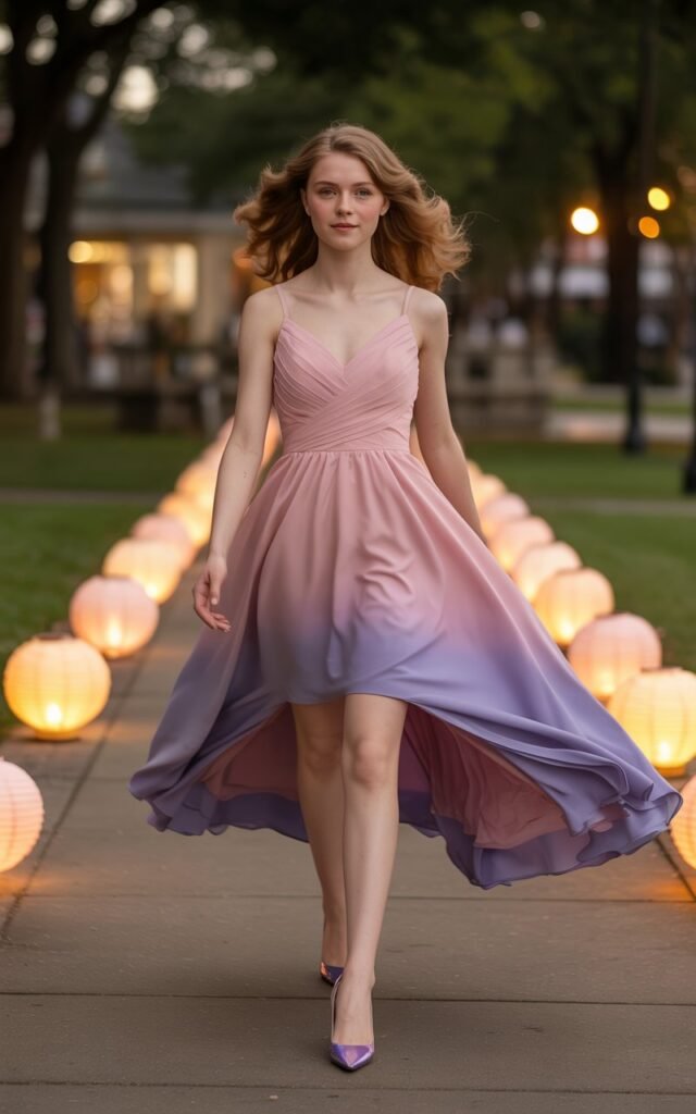 Full-body realistic shot of a white-skinned female in a pink-to-purple ombre dress, soft waves, and matching heels. She walks along a decorated outdoor walkway leading to the hoco venue, lanterns glowing behind her. Soft evening lighting boosts the gradient effect. Gentle movement in the skirt captured naturally.