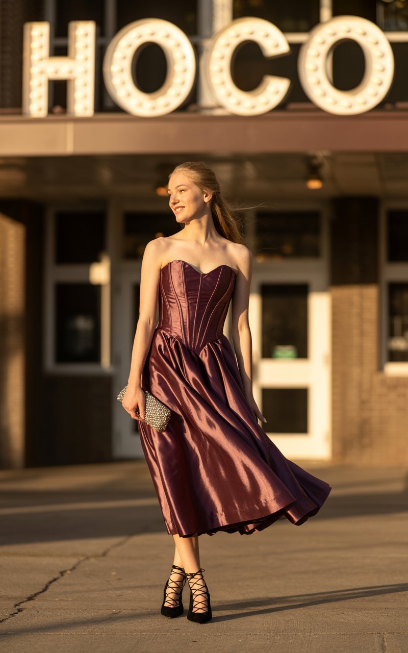 Full-body realistic shot of a white-skinned girl in a structured corset-style hoco dress in deep burgundy, paired with lace-up heels and a small clutch. She poses at the entrance of the school with marquee lights spelling “HOCO.” Evening golden-hour lighting adds soft shadows. Natural pose with a slight smile, shot on a 50mm lens.