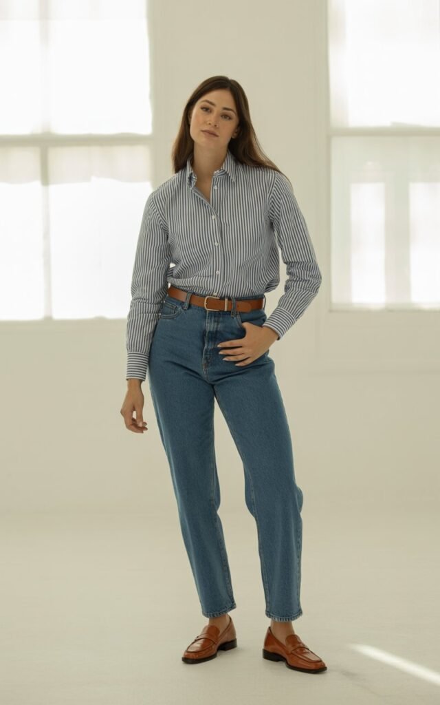 Full-body shot in a bright, minimal studio with soft window light. Model wears a blue-striped button-down tucked into straight-leg jeans, loafers, and a leather belt. Neutral background to highlight the outfit. She stands confidently with one hand on her hip. Realistic skin tone and crisp clothing texture.