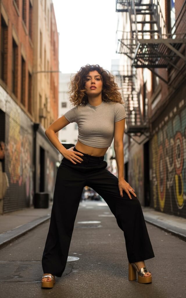 Full-body shot in a chic city alley. She wears a fitted cropped baby tee, wide-leg pants, and platform sandals. Hair is styled in voluminous waves. She poses with one hand on her hip, gaze strong and stylish.