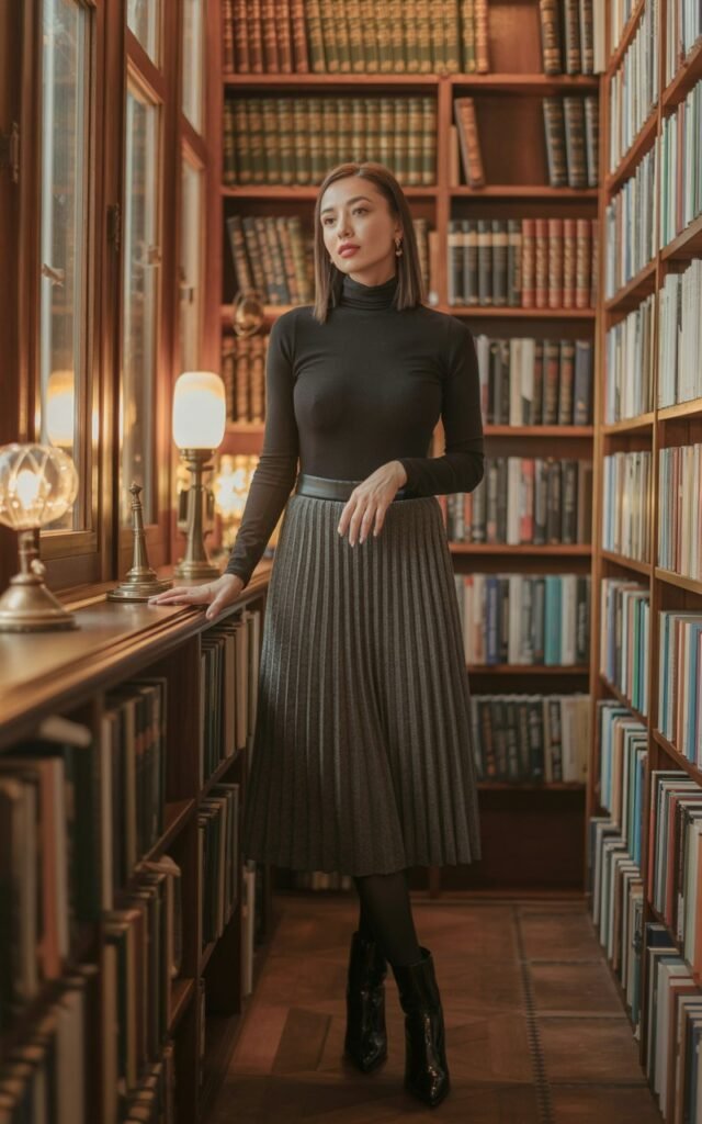 Full-body shot in a cozy library setting with warm indoor lighting. She wears a fitted black turtleneck, pleated midi skirt, tights, and ankle boots. Hair is sleek and straight. She stands poised with a gentle, thoughtful expression.