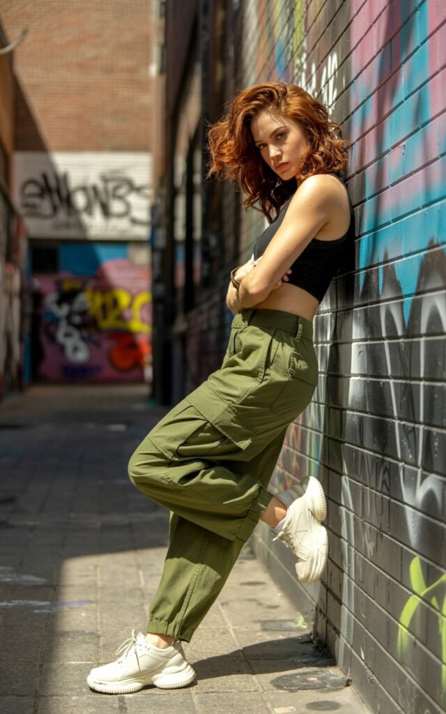 Full-body shot in a graffiti-filled alley. Model wears low-rise cargo pants, cropped tank, and chunky sneakers. Harsh directional sunlight for an edgy vibe. Hair in messy waves. She leans against a wall with a rebellious, cool expression.