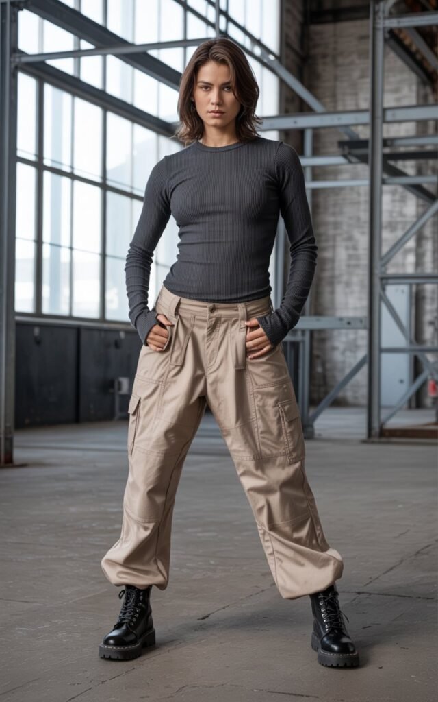 Full-body shot in a modern industrial warehouse setting. Model wears a fitted ribbed long-sleeve top, beige cargo pants, and combat boots. Dramatic natural side lighting from large windows. She stands with a bold, grounded pose. Realistic shadows and detailed clothing folds.