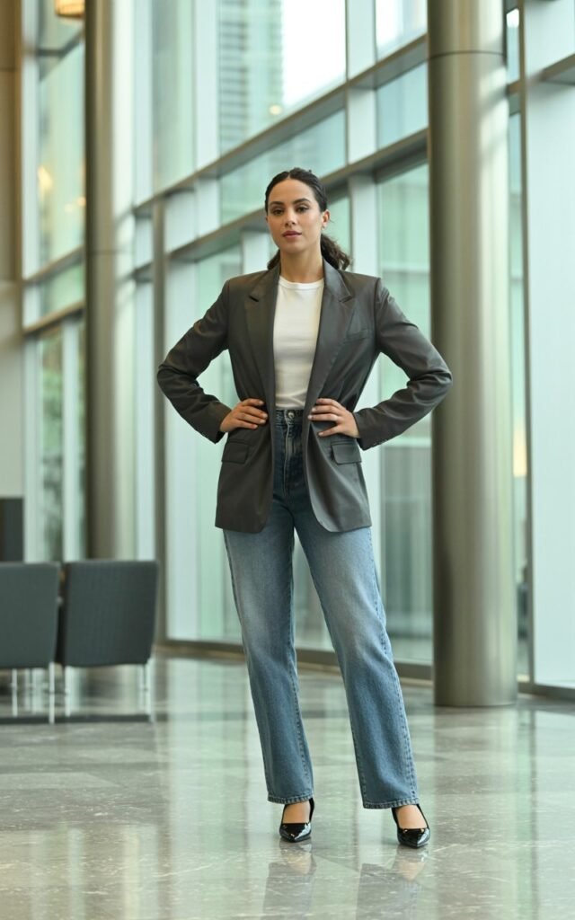 Full-body shot in a modern office lobby. She wears a gray tailored blazer, white tee, medium-wash straight jeans, and pointed flats. Hair is in a smooth ponytail. Clean indoor lighting with natural highlights. She stands with hands on hips, confident and polished.