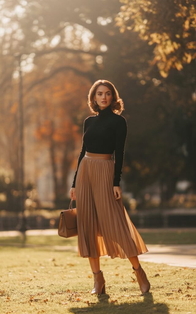 Full-body shot in a park during early fall. Model wears a fitted black turtleneck, camel pleated midi skirt, ankle boots, and a structured handbag. Hair is in a half-up hairstyle with soft waves. Soft golden hour lighting. She stands gracefully with one foot slightly forward, expression serene.
