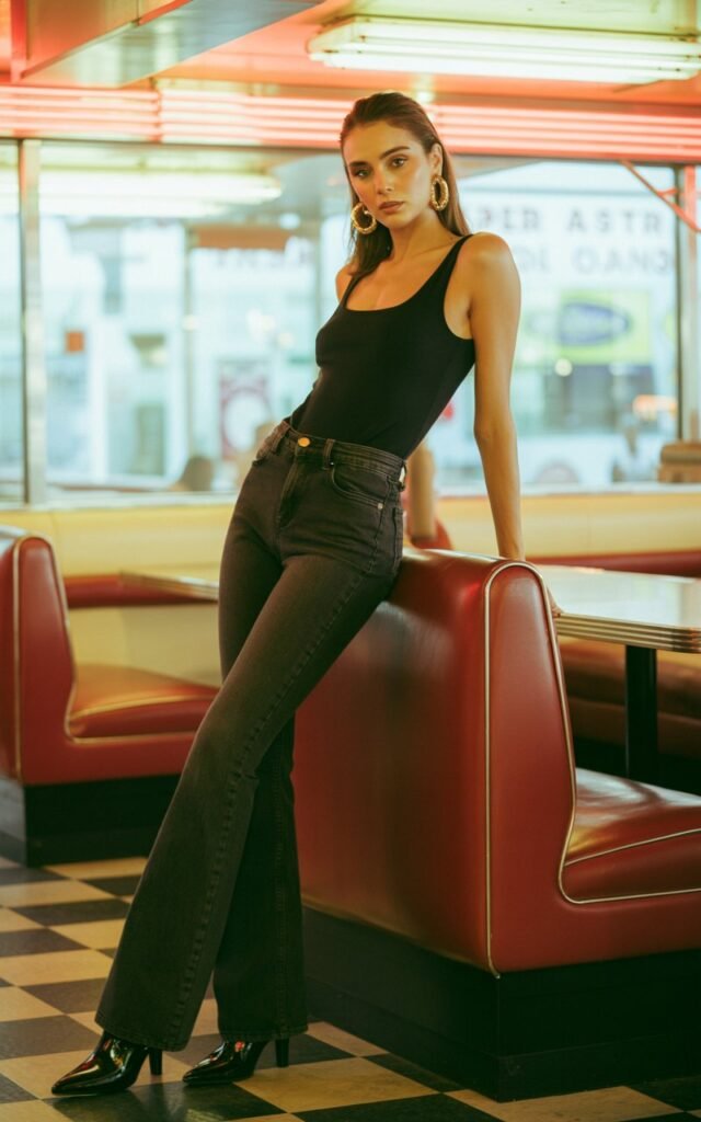 Full-body shot in a retro-styled diner. Model wears a fitted black bodysuit, dark flared jeans, heeled boots, and bold earrings. Soft neon and ambient indoor lighting. She leans casually against a diner booth. Natural makeup and authentic skin texture.