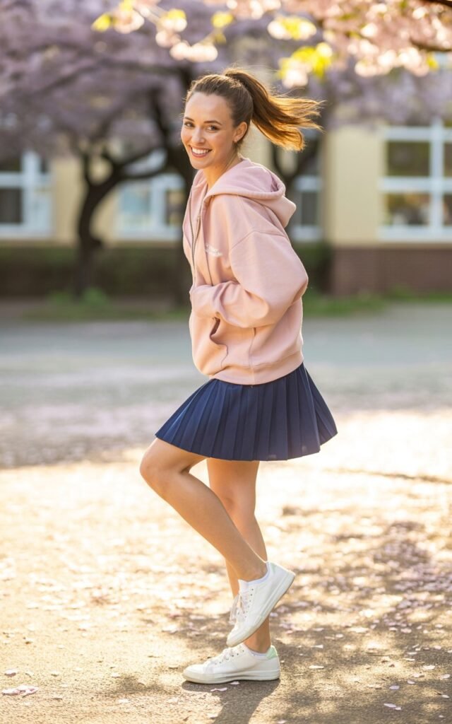 Full-body shot in a school courtyard during mild spring light. She wears a pastel zip-up hoodie, a short pleated skirt, and sneakers. Hair is in a high ponytail. She stands playfully with one leg bent, giving a cute, confident smile.