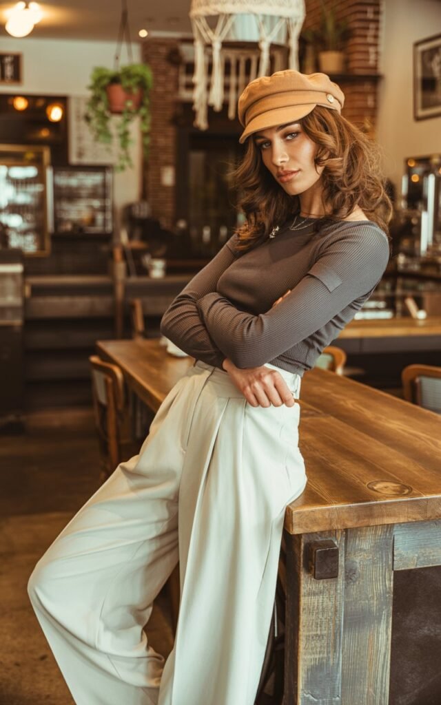 Full-body shot in a stylish boho café interior. Model wears wide-leg trousers, a fitted ribbed top, and an oversized newsboy cap tilted slightly. Soft indoor ambient light. Loose waves frame her face. She leans casually against a counter, giving a cool, mysterious expression.