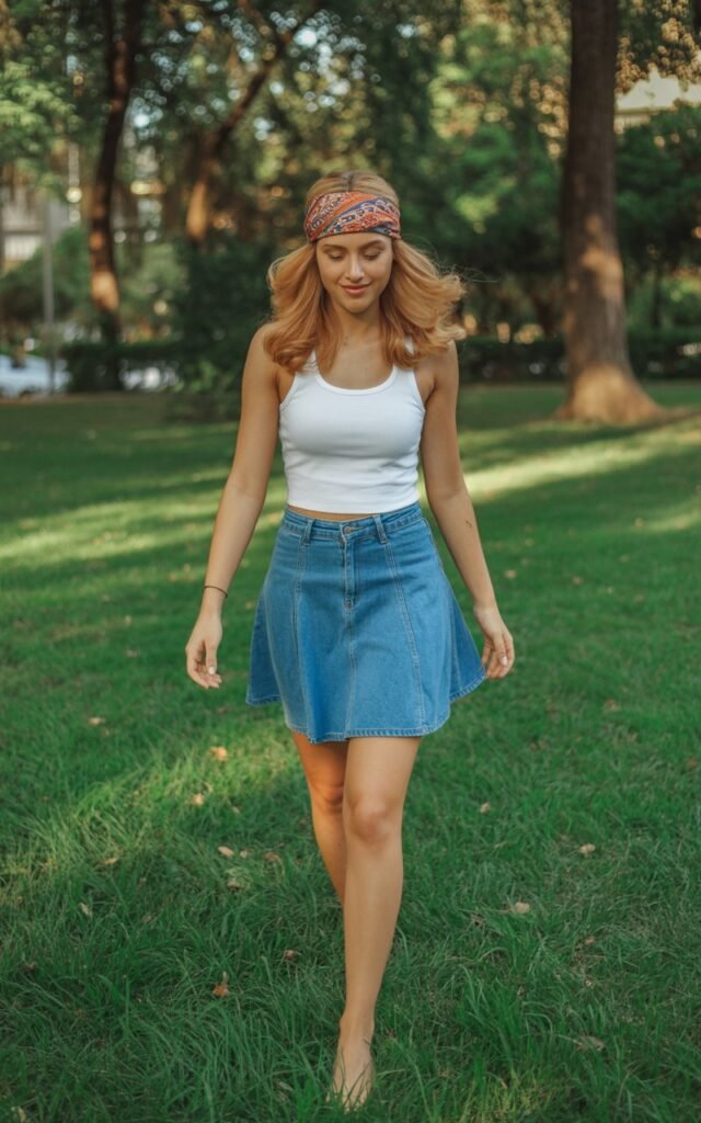Full-body shot in a sunny park. Model wears a denim skirt, white tank, and a patterned statement bandana tied as a headband. Natural daylight. Soft loose waves, minimal makeup. She walks barefoot through the grass with a carefree, relaxed expression.