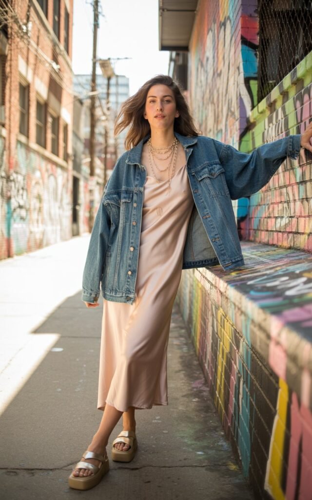 Full-body shot in an artsy alley with murals. Model wears a satin slip dress, a slightly oversized denim jacket, layered necklaces, and platform sandals. Natural daylight with urban shadows. She leans against a painted wall, relaxed expression. Realistic textures denim grain, skin details, hair movement.