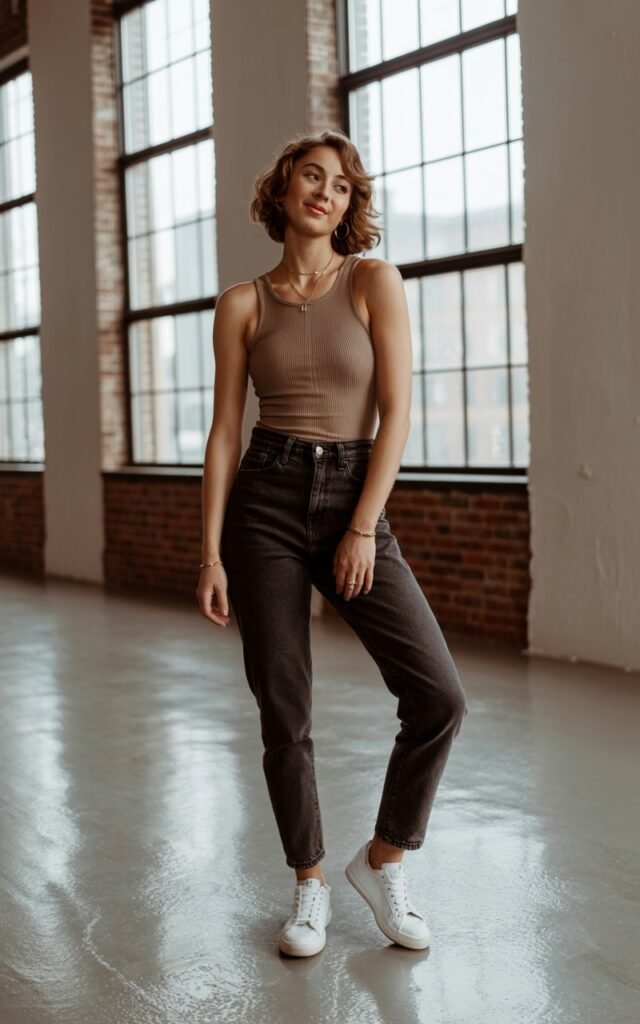 Full-body shot in an industrial loft studio. She wears a ribbed fitted bodysuit in taupe, high-rise jeans, minimal jewelry, and white sneakers. Hair is loose and natural. Soft window light highlighting skin texture. She stands with a subtle hip pop, expression relaxed and confident.