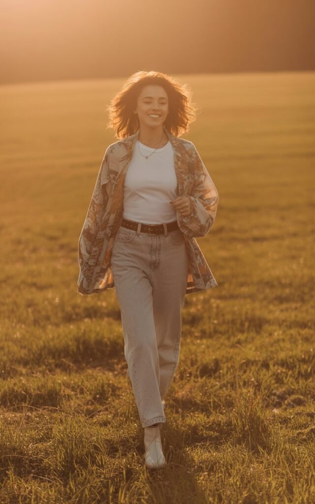 Full-body shot in an open field during golden hour. She wears a printed oversized shacket, white tee, beige jeans, and ankle boots. Hair is voluminous and softly waving. Warm golden light giving a cinematic glow. She walks forward slowly, smiling softly and naturally.