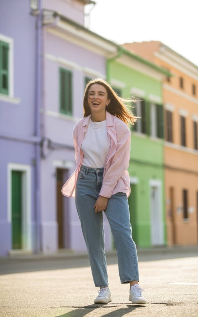 Full-body shot near pastel-colored buildings during soft daylight. She wears a white tee layered under a pastel oversized button-up, straight jeans, and sneakers. Hair flows naturally in the breeze. She gives a playful, candid smile.