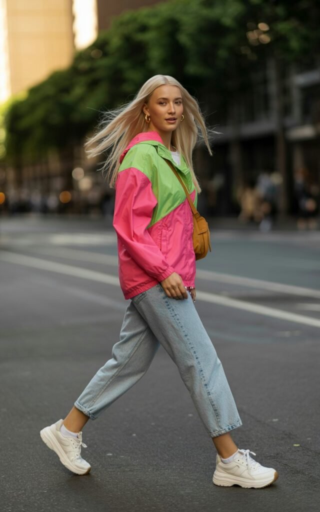 Full-body shot of a fair-skinned model with long straight blonde hair, wearing a neon color-block windbreaker, light wash mom jeans, and white retro sneakers. Background is a city street during golden hour with soft shadows. Model is walking confidently, slight smirk, head tilted, hair naturally moving in the breeze. Accessories include tiny hoop earrings and a casual crossbody bag. Skin texture and subtle imperfections visible.
