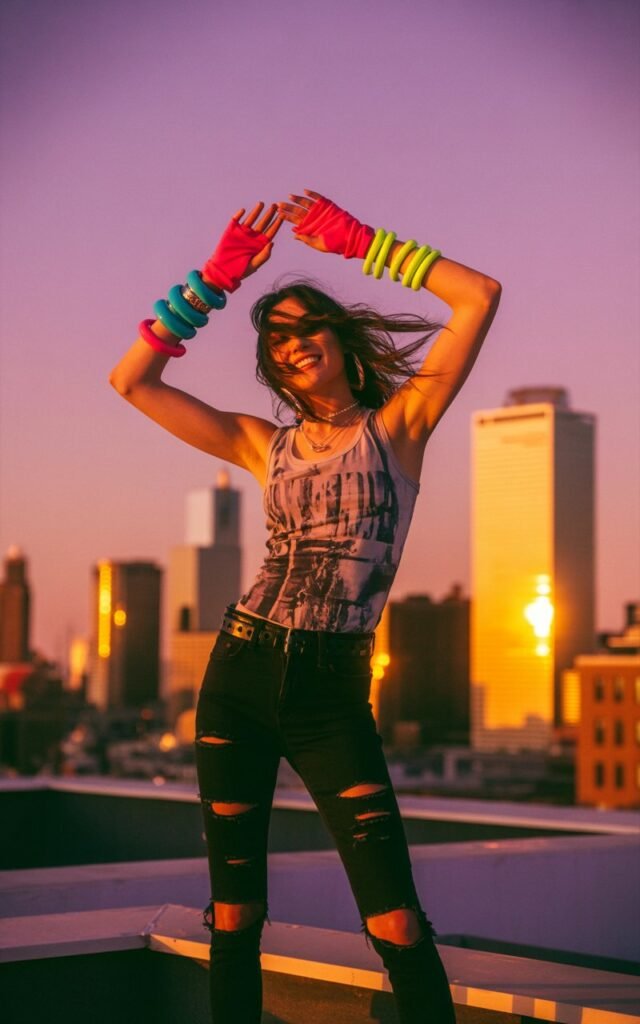 Full-body shot of a model standing on a rooftop during sunset, wearing neon bracelets, pink fingerless gloves, ripped black jeans, and a printed tank top. The skyline glows in the background. Hands raised in a carefree gesture, hair tousled by wind. Vibrant and nostalgic 2000s vibe.