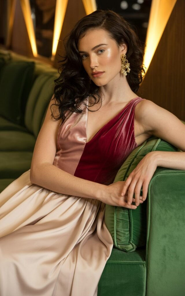 Full-body shot of a white-skinned brunette model in a dual-texture gown with a velvet bodice and satin skirt. Captured in a dim, moody indoor lounge with warm spotlights. Her hair is styled in deep waves with bold earrings. She leans against a velvet sofa with a composed expression. Realistic fabric depth and skin texture emphasized.