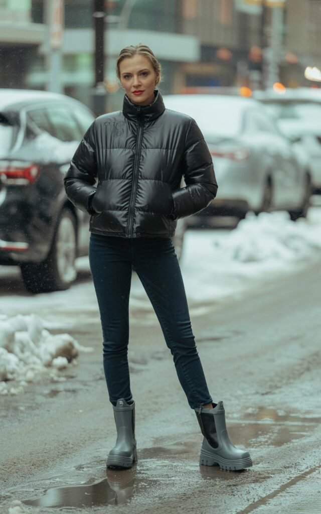 Full-body shot of a white-skinned female in a black faux-leather puffer, dark skinny jeans, and chunky snow boots. She’s standing on a slushy street near parked cars and snow piles. Overcast daylight softens reflections. Pose leaning slightly forward, hands in pockets, confident gaze.