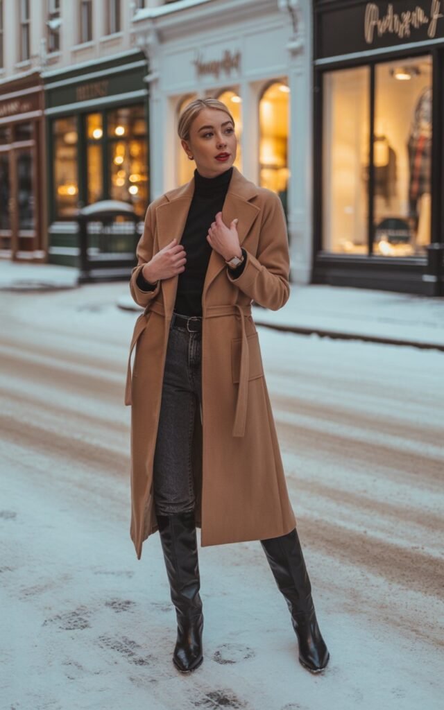 Full-body shot of a white-skinned female in a camel wool wrap coat, black turtleneck, dark skinny jeans, and black leather knee-high boots. She’s standing on a snowy street corner near boutique storefronts with warm indoor lights glowing. Natural evening light with subtle shadows. Pose adjusting coat belt, looking over shoulder.