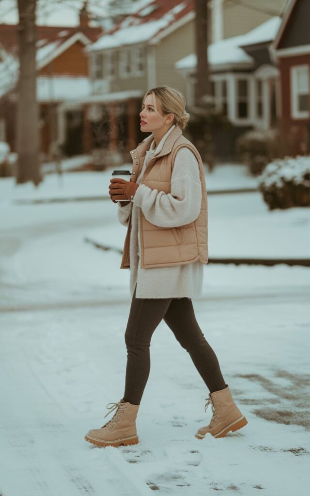 Full-body shot of a white-skinned female in a cream fluffy cardigan, beige padded vest, leggings, and tan lace-up boots. She’s walking on a snow-covered residential street, holding a coffee cup. Soft natural light enhances textures. Pose mid-step, glancing to the side, casual relaxed vibe.