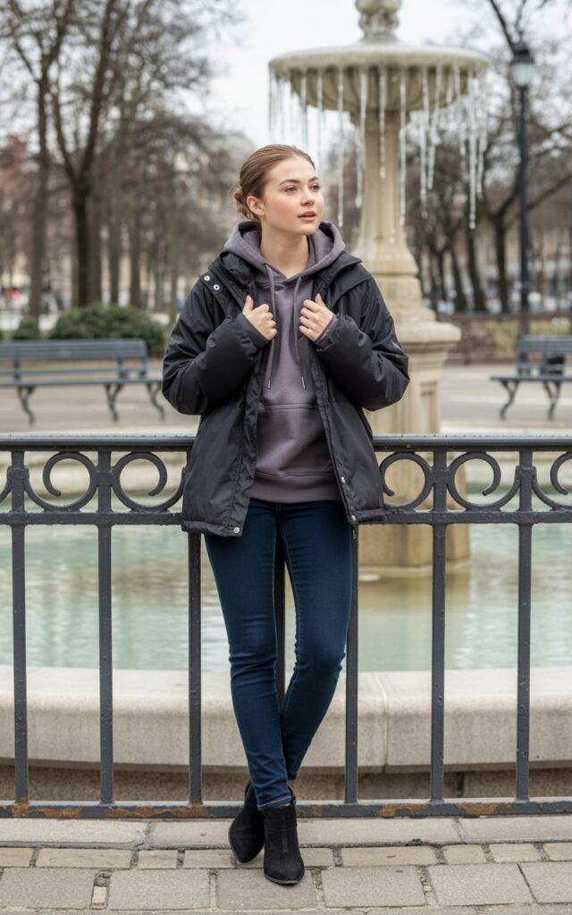 Full-body shot of a white-skinned female in a dark grey hoodie under a black windproof shell jacket, skinny jeans, and black boots. She’s leaning against a street railing near a frozen fountain. Overcast lighting emphasizes layers. Pose looking off-camera, hands holding jacket collar, relaxed casual vibe.