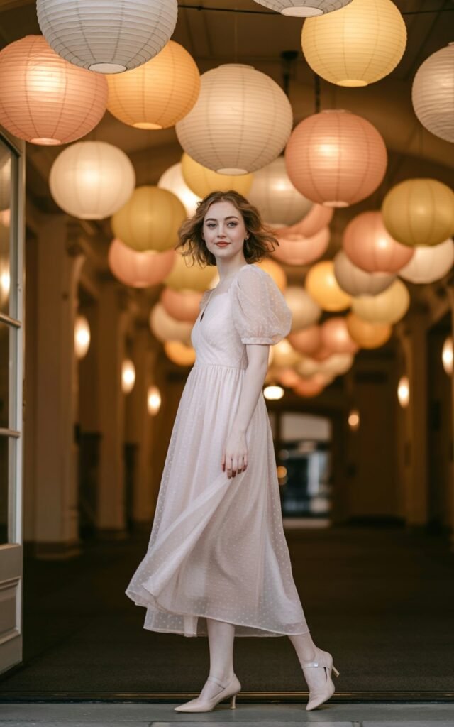 Full-body shot of a white-skinned female in a light pastel puff-sleeve hoco dress, ballet-style heels, and soft waves. She stands in a softly lit decorated hallway with floating paper lanterns. Warm ambient lighting gives her a dreamy glow. Soft smile and gentle pose.