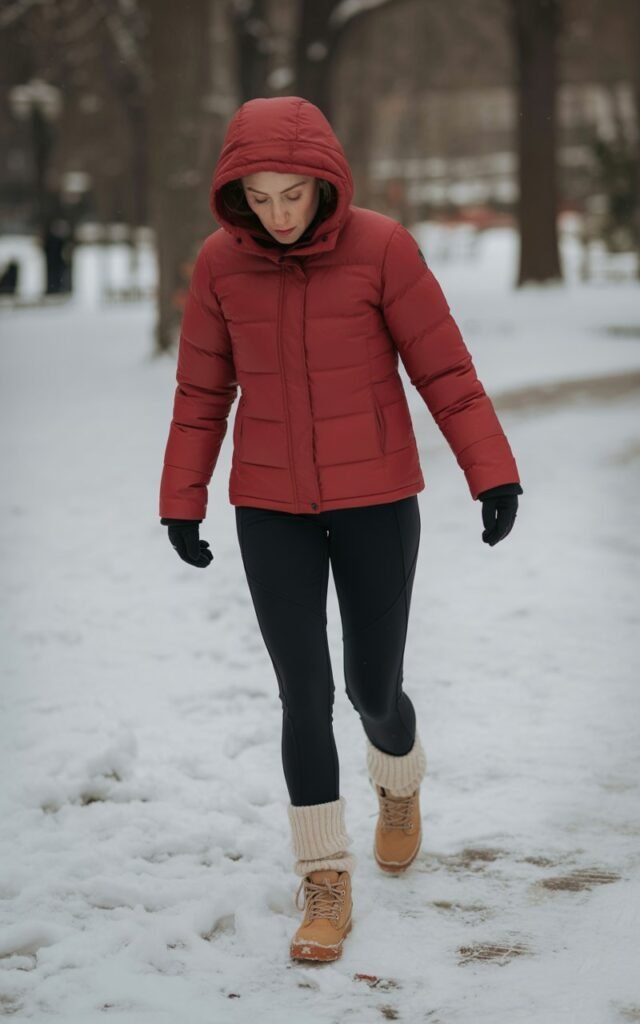 Full-body shot of a white-skinned female in a red hooded down jacket, black leggings, wool socks, and snow boots. She’s stepping over a snow-covered path in a winter park. Overcast light creates soft, natural shadows. Pose mid-step, looking down at boots, casual stance.