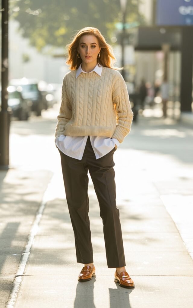 Full-body shot of a white-skinned female model on a quiet urban sidewalk during soft morning daylight, wearing a cream knit sweater layered over a crisp white collared shirt, straight-leg trousers, and loafers. She carries a structured tote bag and wears subtle gold earrings. Her hair is styled in loose waves, and makeup is natural with slight freckles visible. She stands confidently, one hand holding her bag, looking off to the side with a relaxed expression.