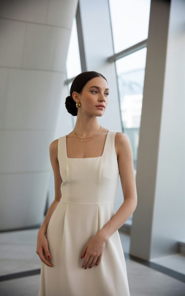 Full-body shot of a white-skinned female model wearing a sleek ivory column dress with a square neckline, minimal jewelry, and nude heels. Shot in a clean architectural indoor hallway with soft window light. Her dark hair is styled in a low, elegant bun. She stands straight with a serene expression, hands relaxed by her sides. Realistic skin tones, subtle natural makeup, and minimalist elegance emphasized.