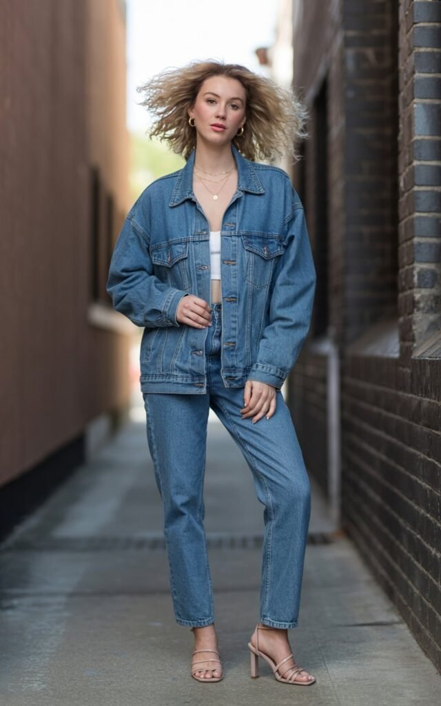 Full-body shot of a white-skinned female model with feathered shoulder-length hair, wearing a denim jacket over matching denim jeans, paired with delicate jewelry and heeled sandals. Set on an urban alleyway with soft daylight. She stands casually with one hand in her pocket. Real denim grain and natural skin texture.