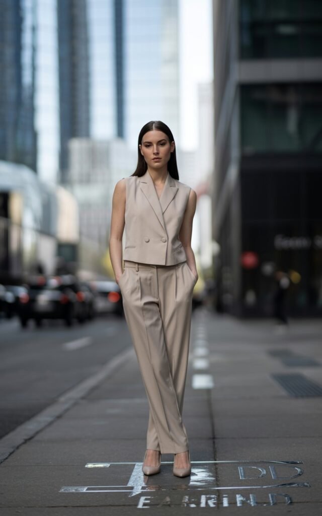 Full-body shot of a white-skinned female model with sharp features and sleek straight dark hair, wearing a monochrome beige tailored vest and matching high-waist trousers with minimalist nude heels. She stands confidently on a clean urban sidewalk near modern glass buildings during bright natural daylight. Her hands rest casually in her pockets. Soft editorial realism with visible skin texture and natural makeup.
