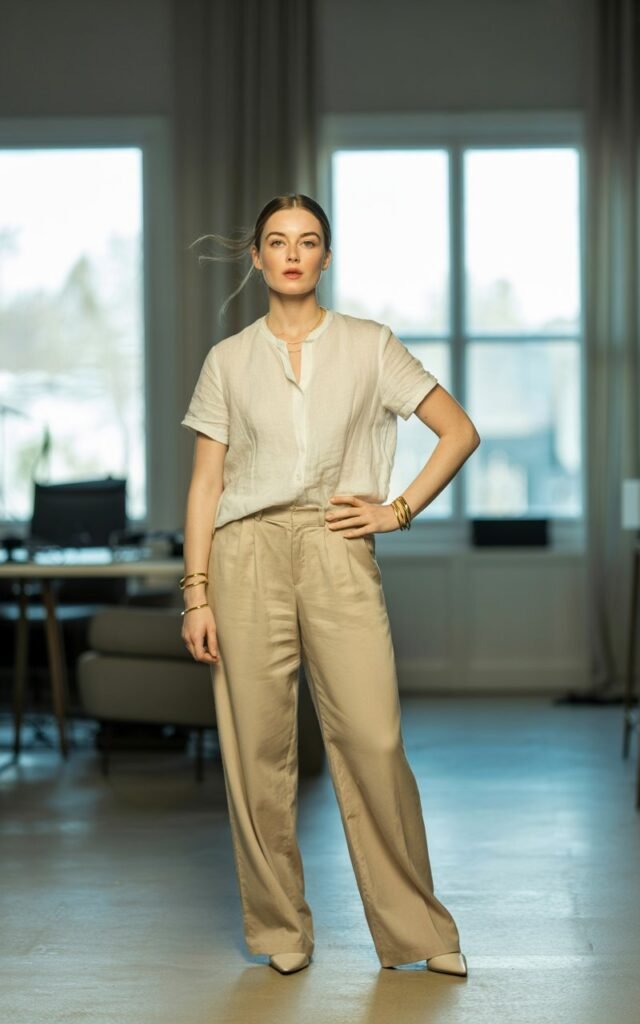 Full-body shot of a white-skinned female model with sleek hair, wearing a cream linen blouse tucked into beige wide-leg trousers, pointed flats, and thin gold bangles. Background airy modern home office with natural window light streaming in. Pose standing with one hand on hip, confident expression, hair flowing naturally. Realistic editorial features visible skin texture, subtle imperfections, soft lighting.