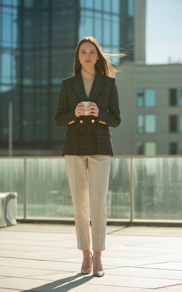 Full-body shot of a white-skinned female model with sleek straight hair, wearing a tailored charcoal blazer over cream slim-fit trousers and pointed nude heels. She stands confidently on a glass-walled office terrace in soft morning daylight, holding a coffee cup. The blazer has structured shoulders and gold buttons. Her expression is calm and self-assured, posture upright, with wind subtly lifting her hair.