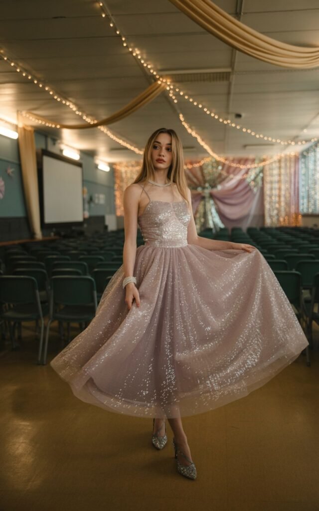 Full-body shot of a white-skinned female wearing a glitter tulle dress with layered skirt, delicate jewelry, and sparkly heels. She stands in the school auditorium transformed with fairy lights, hanging drapes, and shimmering decor. Warm glowing lights catch the glitter as she gently lifts her skirt. Soft candid expression, editorial style.