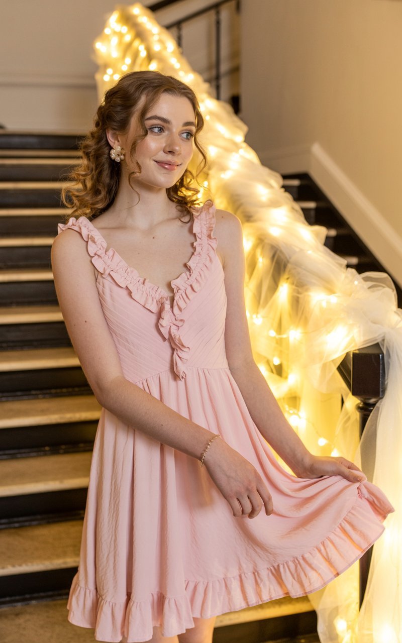 Full-body shot of a white-skinned female wearing a pastel ruffle-trim hoco dress, soft curls, and delicate jewelry. She stands near a decorated indoor staircase wrapped with tulle and fairy lights. Soft warm indoor lighting enhances the romantic vibe. She gently lifts the ruffled hem while smiling to the side.