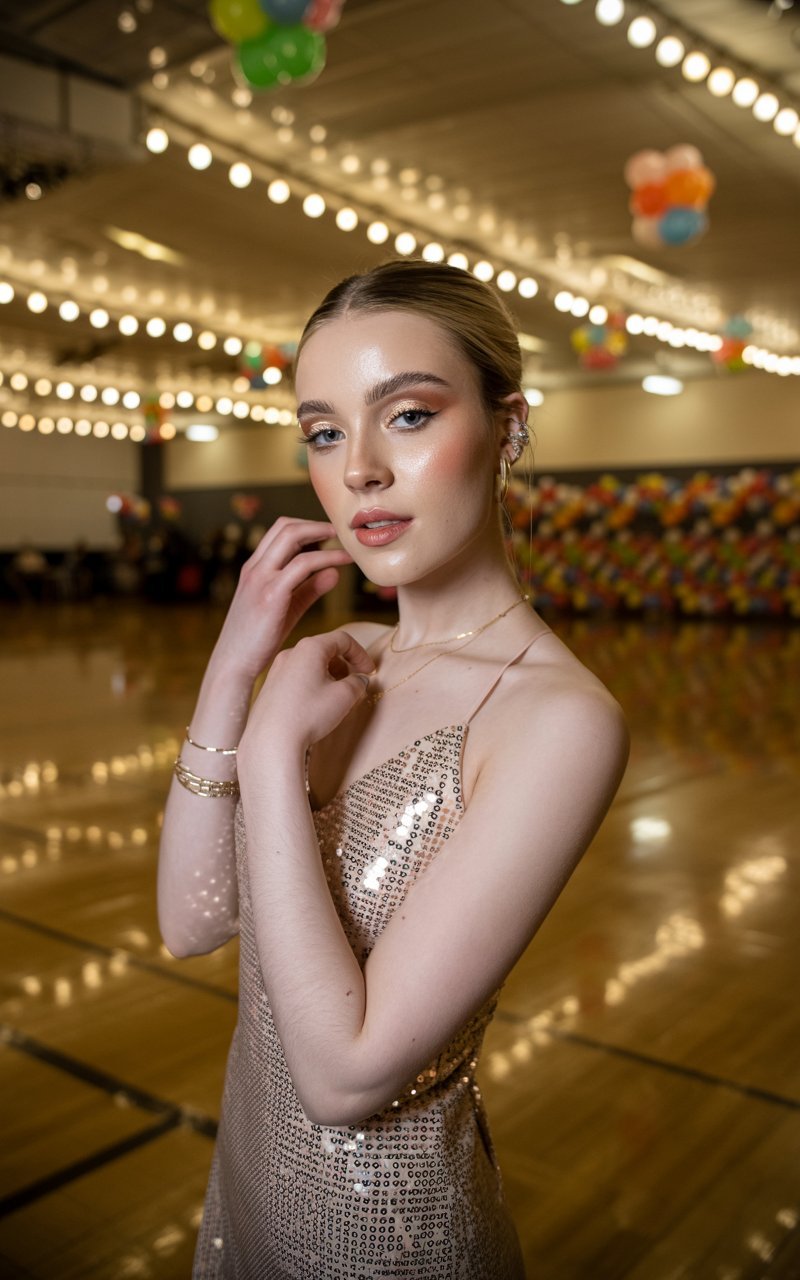Full-body shot of a white-skinned female with a symmetrical face, sharp features, and soft glam makeup wearing a sparkly silver sequin mini dress, strappy metallic heels, and minimal jewelry. She stands in a decorated high-school gym with string lights, balloons, and a glowing dance floor. Warm event lighting catches the sequins as she adjusts her hair with a confident expression. Shot on a 50mm lens with soft depth of field and natural skin texture.